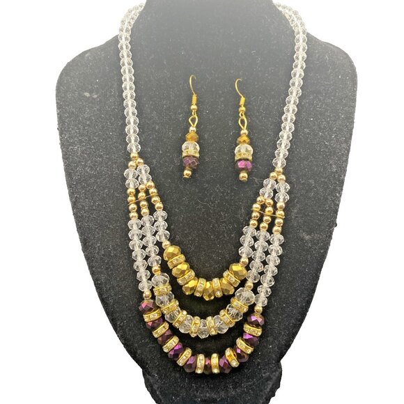 Necklace 16" Choker Gold Tone 3 Strand Beads Purple Dangle  Earrings Bridal Prom - Picture 1 of 6